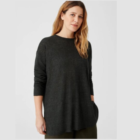 EILEEN FISHER Organic Linen Delave Crew Neck Tunic Top LS Boxy Grey Women's XL - Picture 2 of 12